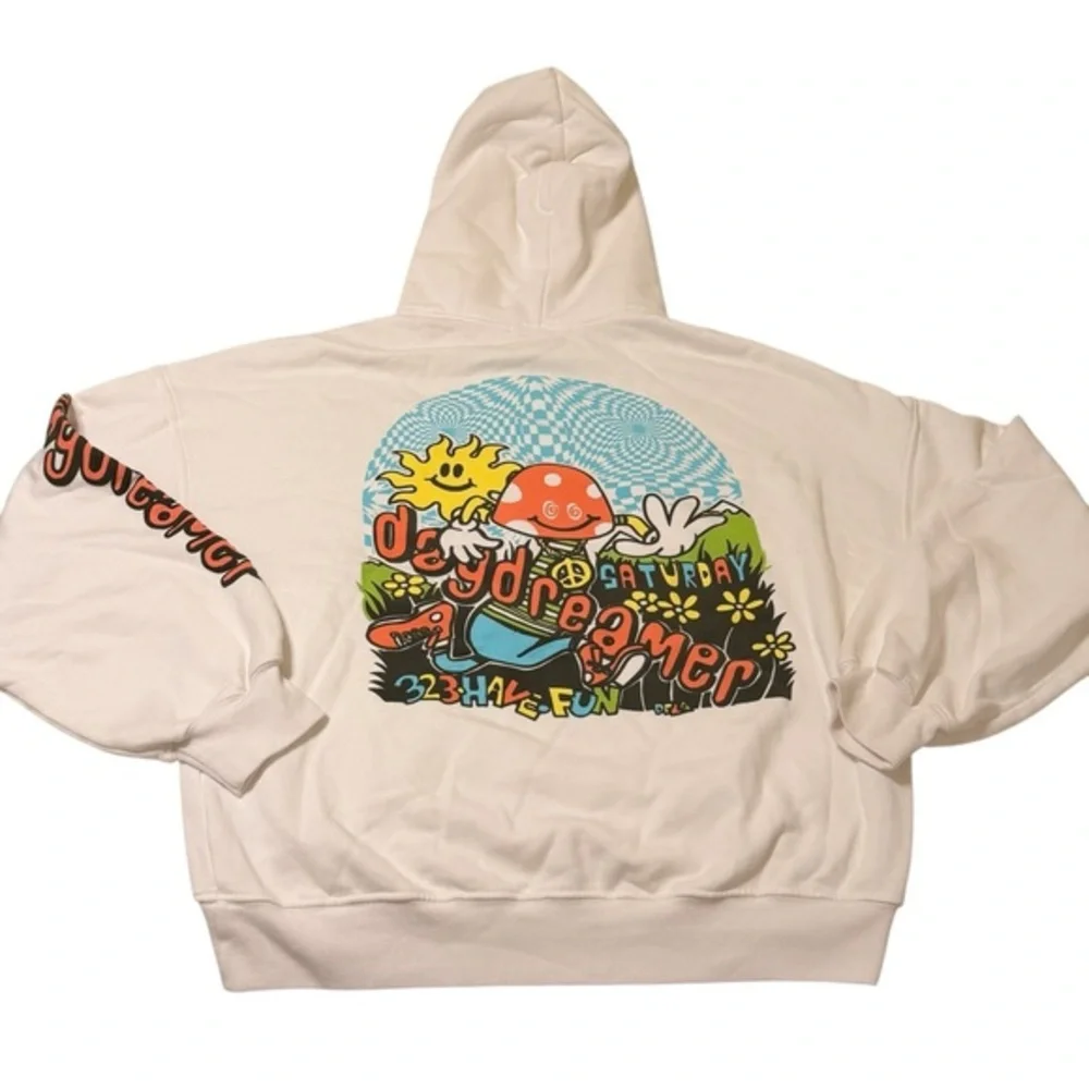 Daydreamer Size XS Oversized‎ Mushroom Doodle Hoodie Sweatshirt White Hippie